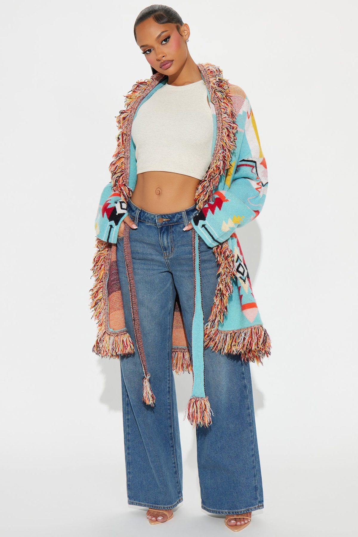 Western Day Fringe Cardigan - Blue/combo