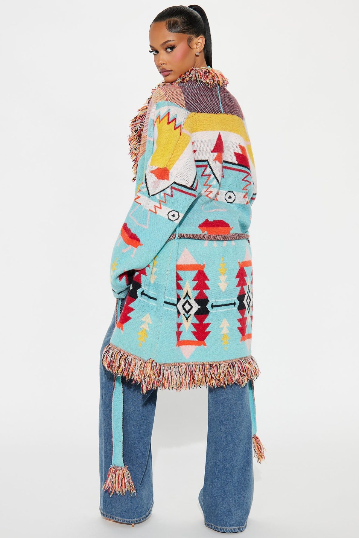 Western Day Fringe Cardigan - Blue/combo