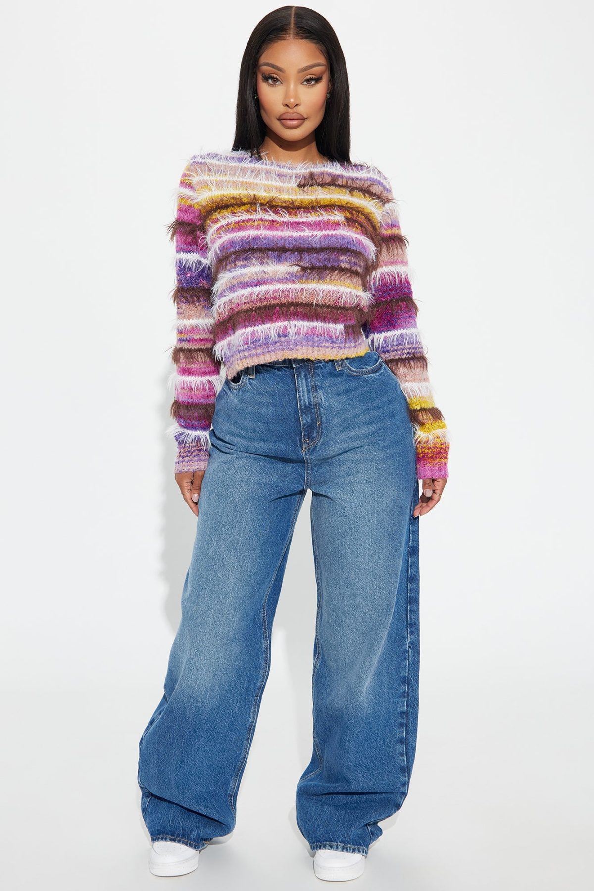 Calista Striped Fuzzy Sweater - Purple/combo