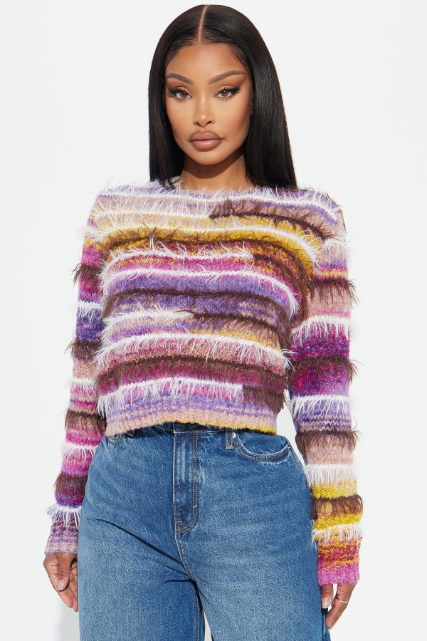 Calista Striped Fuzzy Sweater - Purple/combo