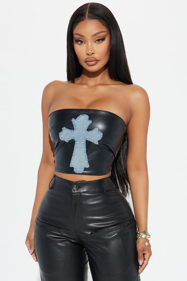 Cross Your Mind Faux Leather Top - Black/combo