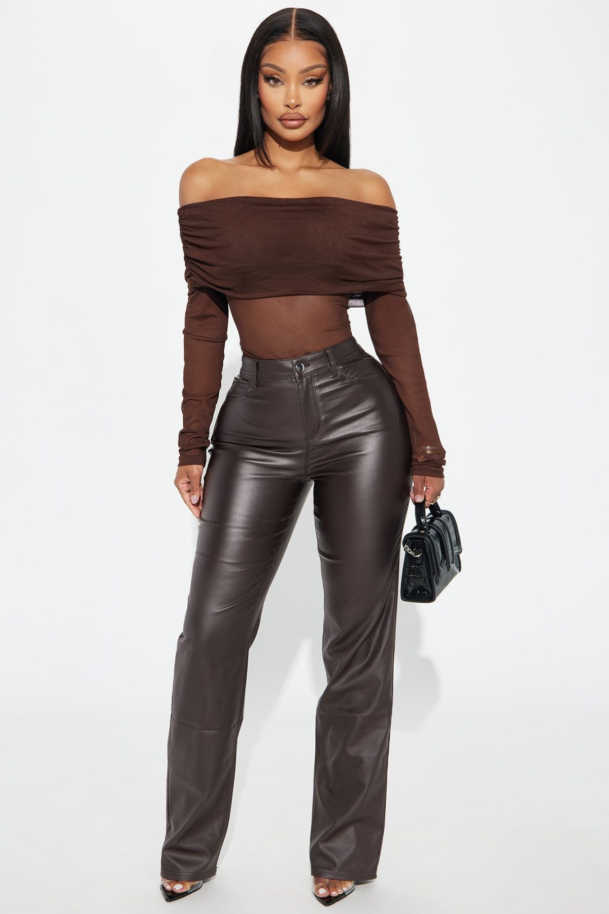 Gina Off Shoulder Mesh Top - Brown