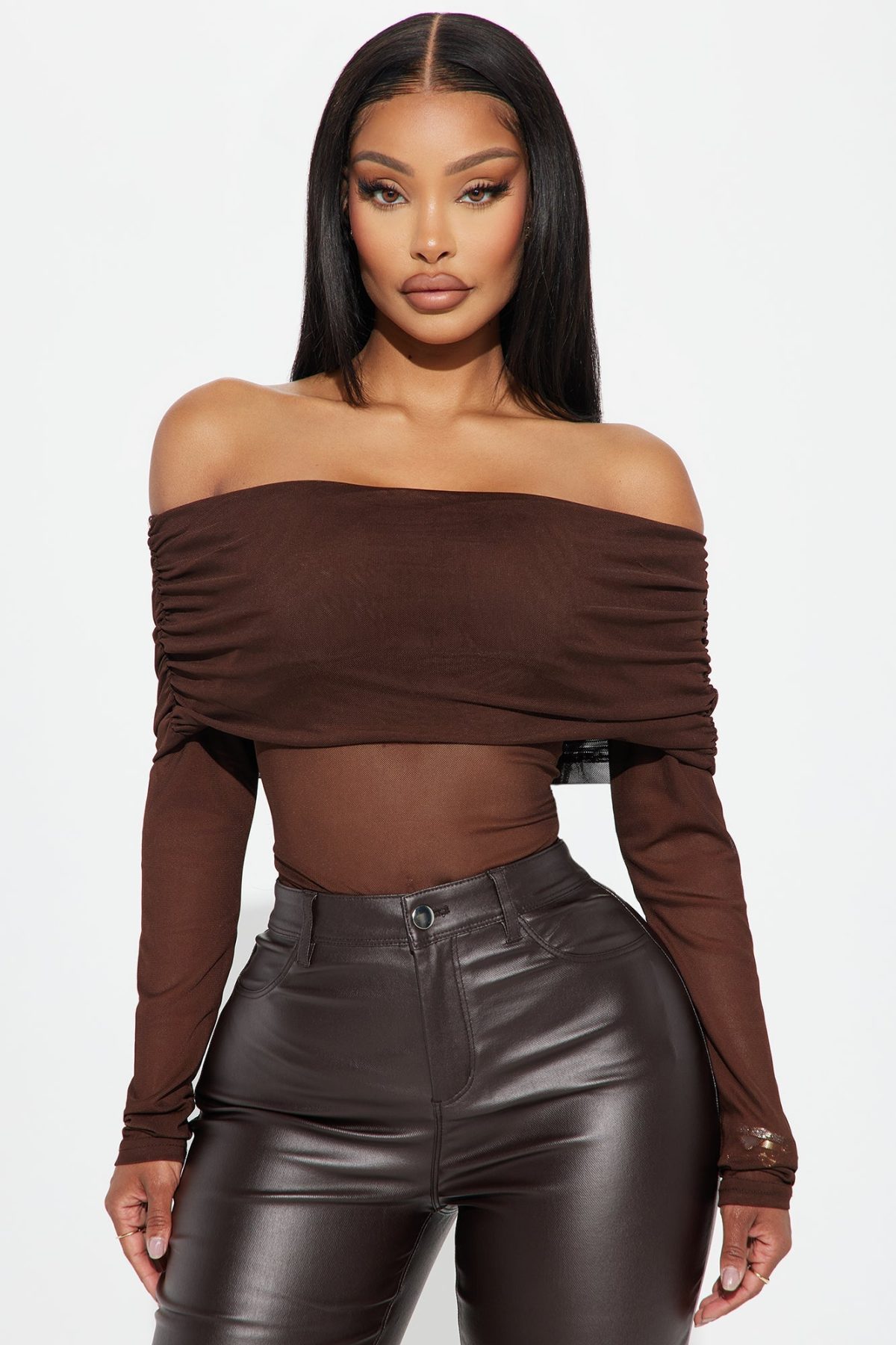 Gina Off Shoulder Mesh Top - Brown