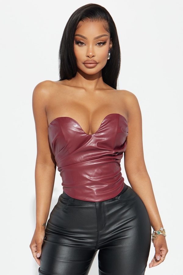 Catching Looks Faux Leather Top - Wine