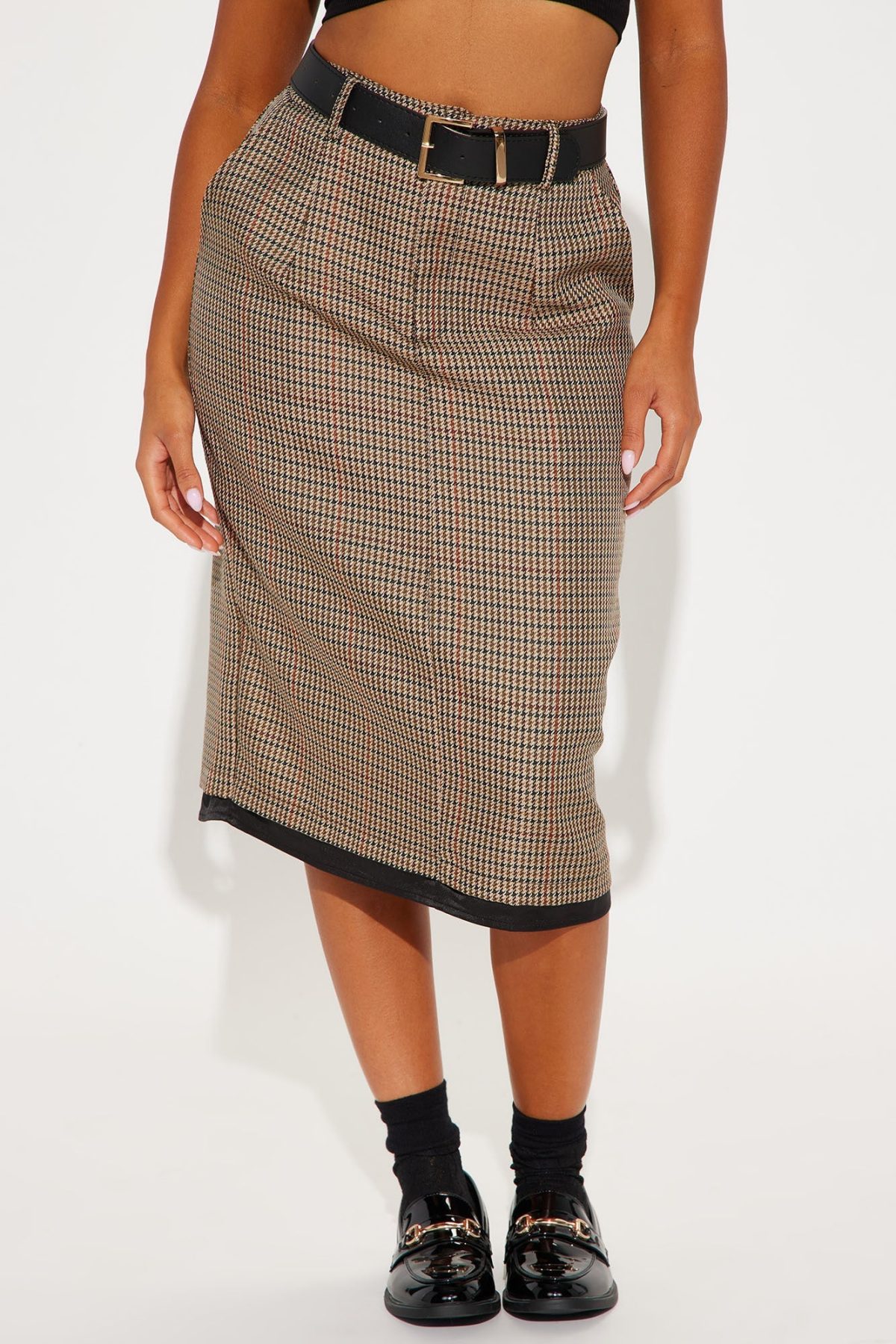 Walk The Talk Belted Tweed Midi Skirt - Taupe/combo