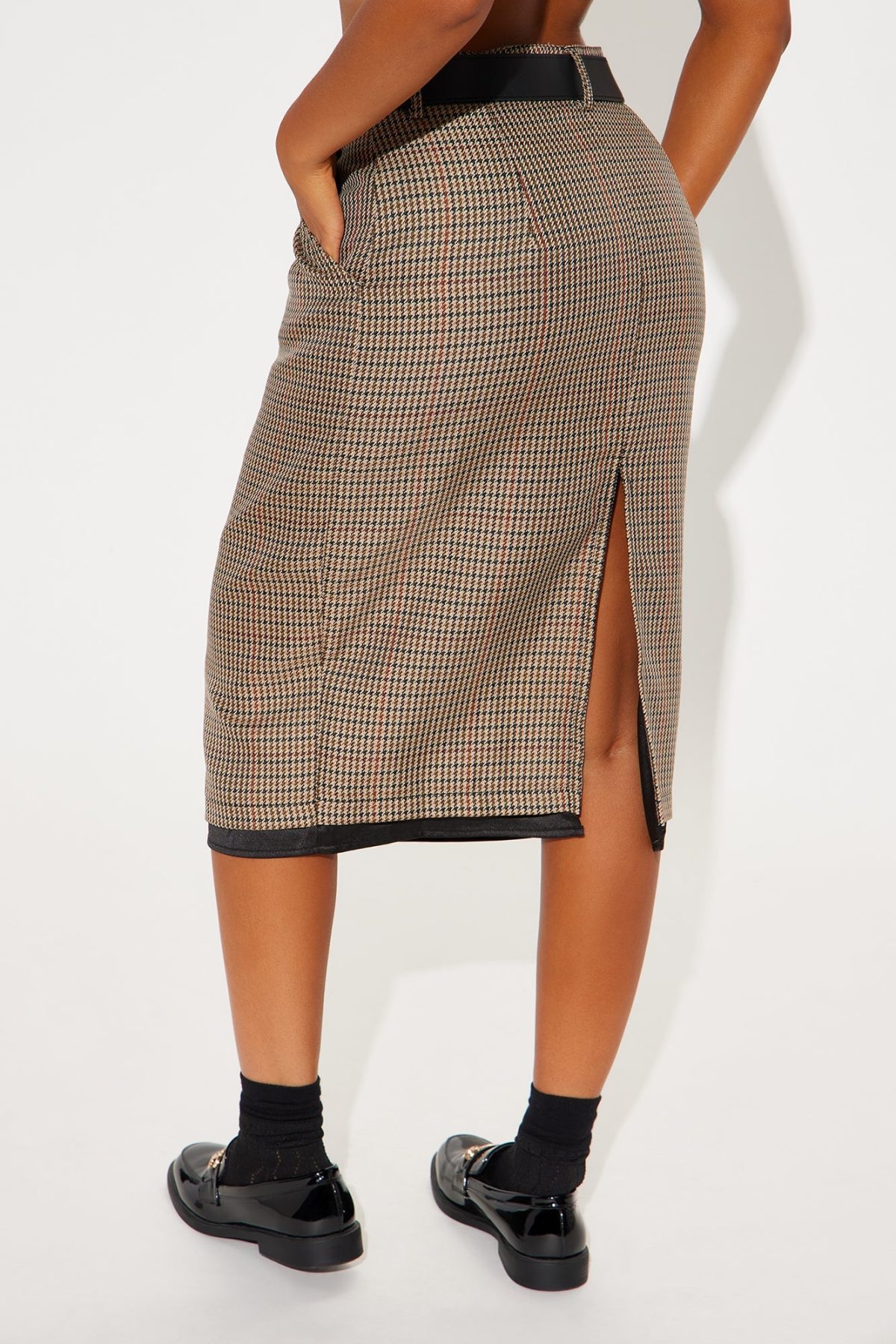 Walk The Talk Belted Tweed Midi Skirt - Taupe/combo