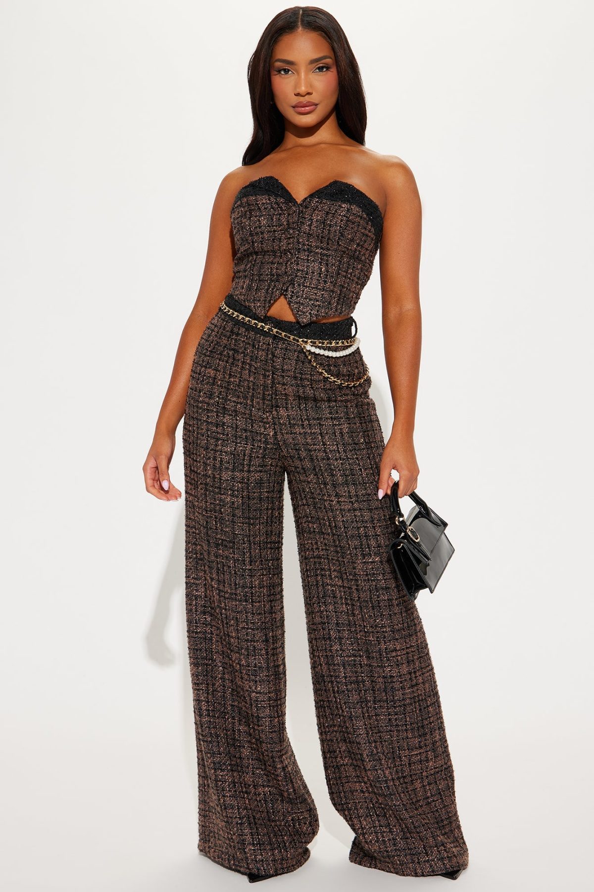 Top Boss Tweed Pant Set - Brown/combo