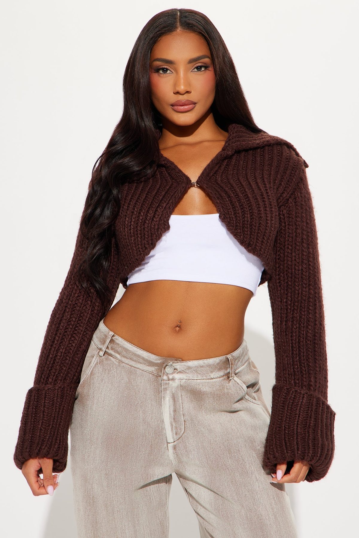 Downtown Chunky Knit Cropped Cardigan - Chocolate