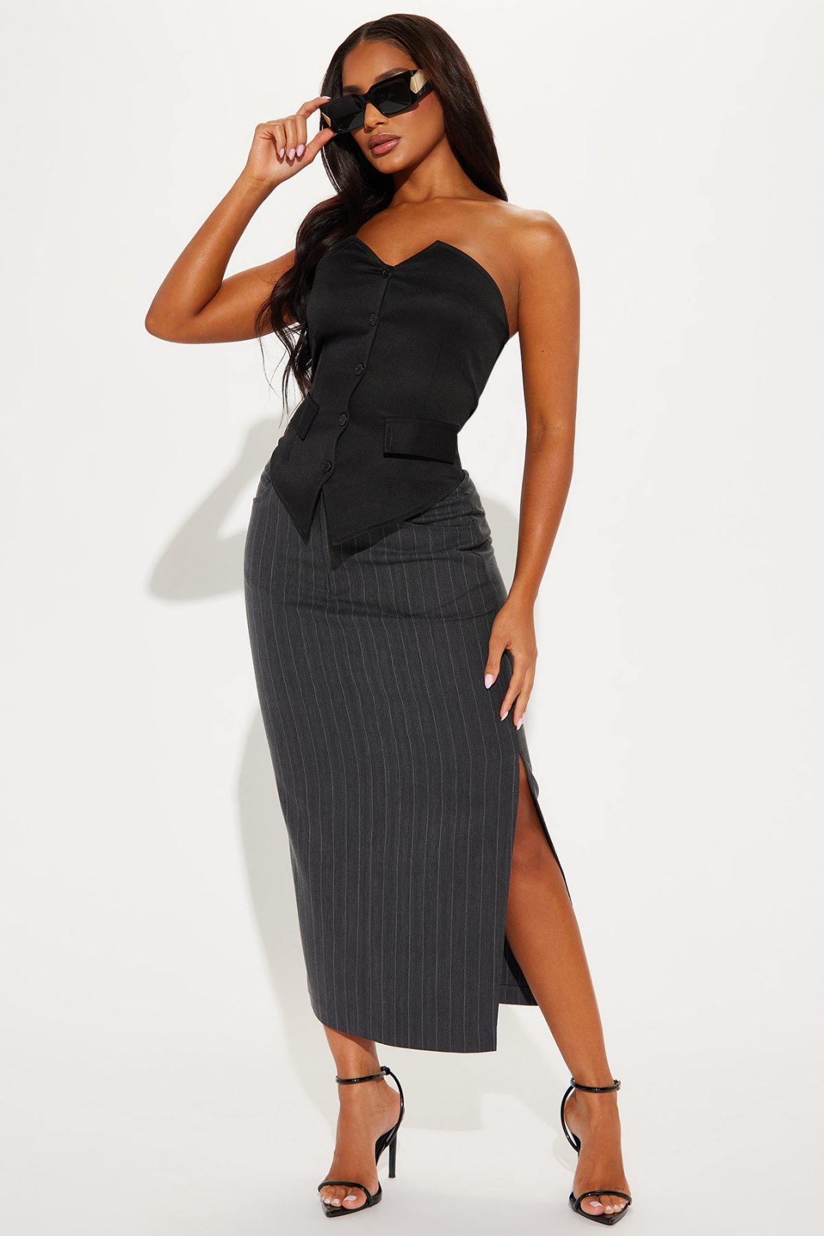 Work That Pinstripe Midi Skirt - Charcoal