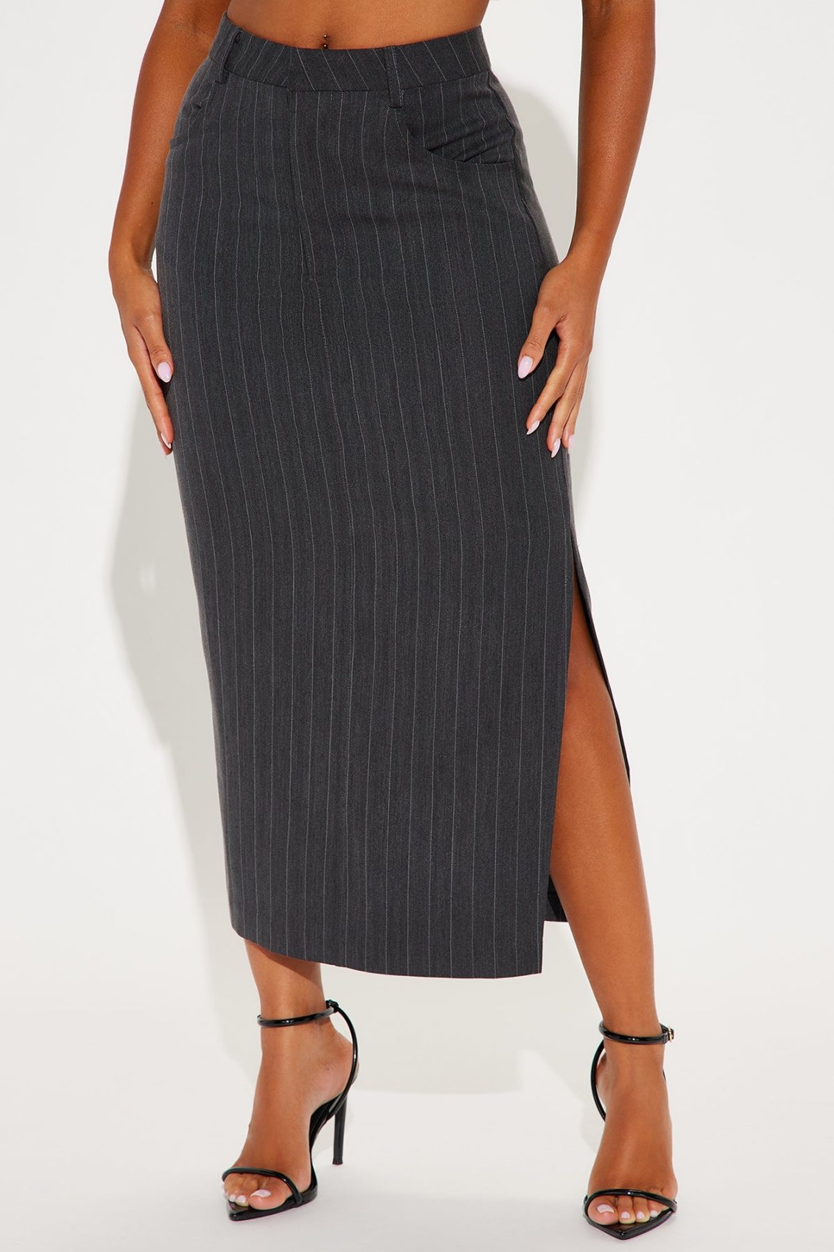 Work That Pinstripe Midi Skirt - Charcoal