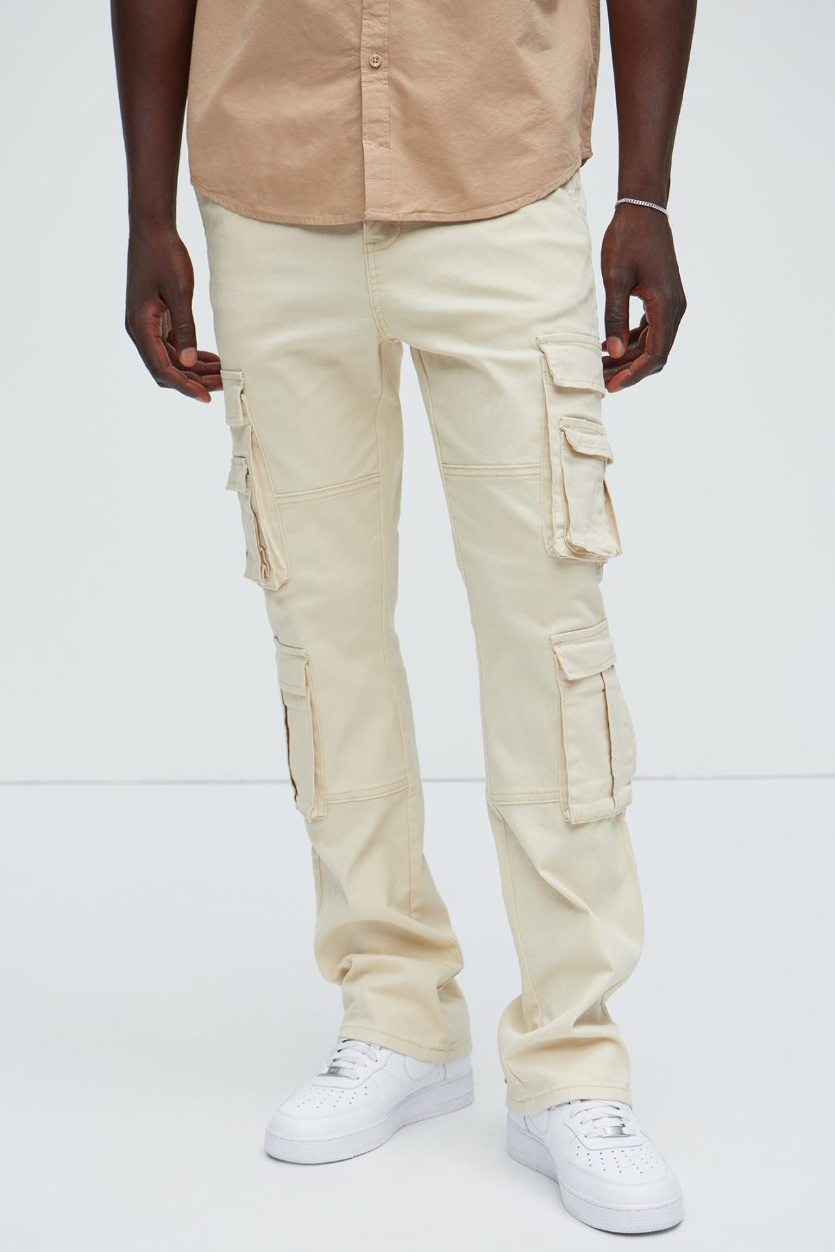 Landon Stacked Skinny Flare Cargo Pants - Cream