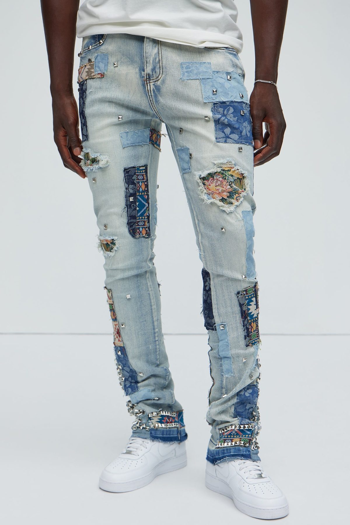 Studded And Patched Stacked Skinny Flare Jeans - Medium Wash