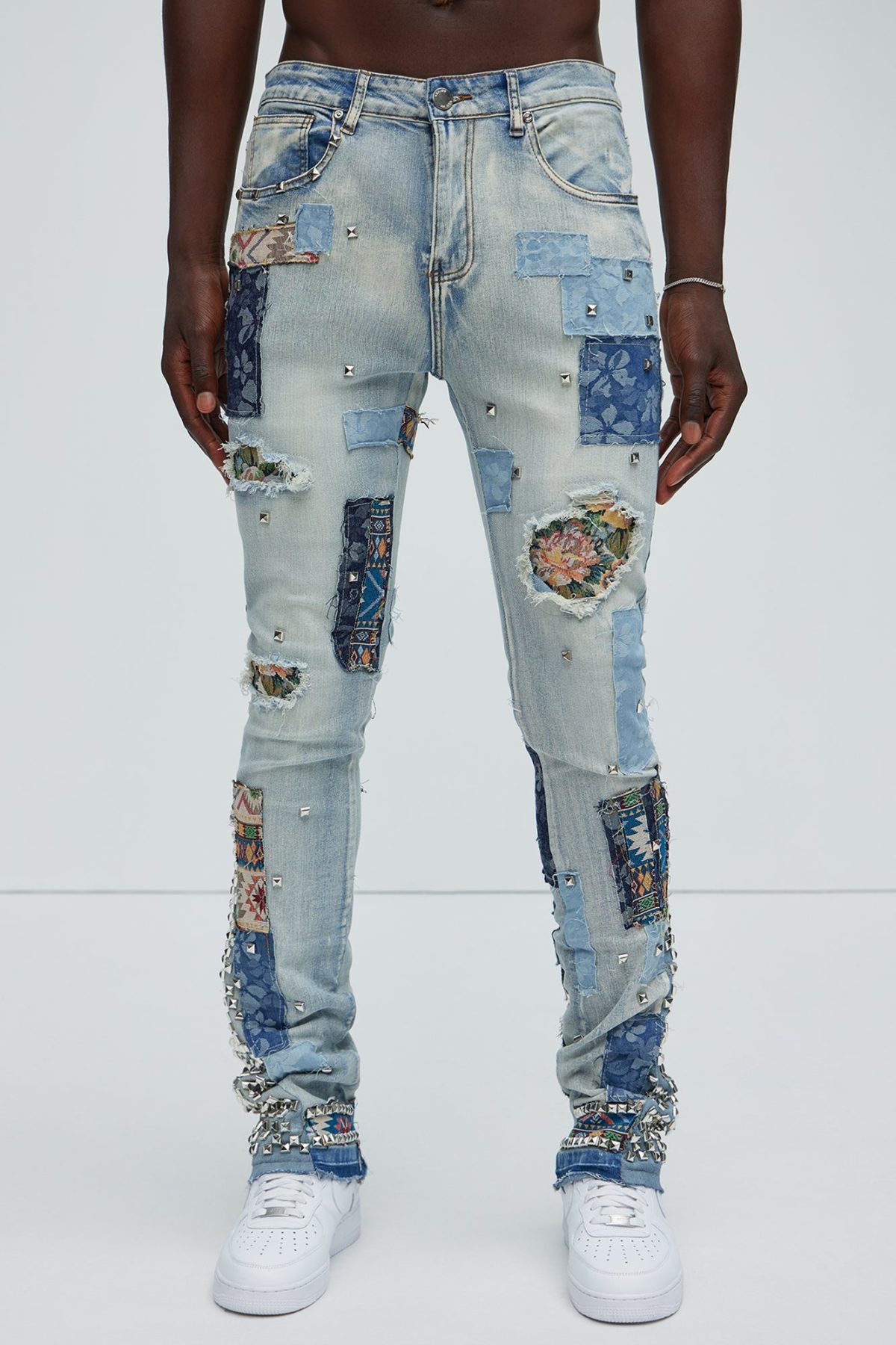 Studded And Patched Stacked Skinny Flare Jeans - Medium Wash