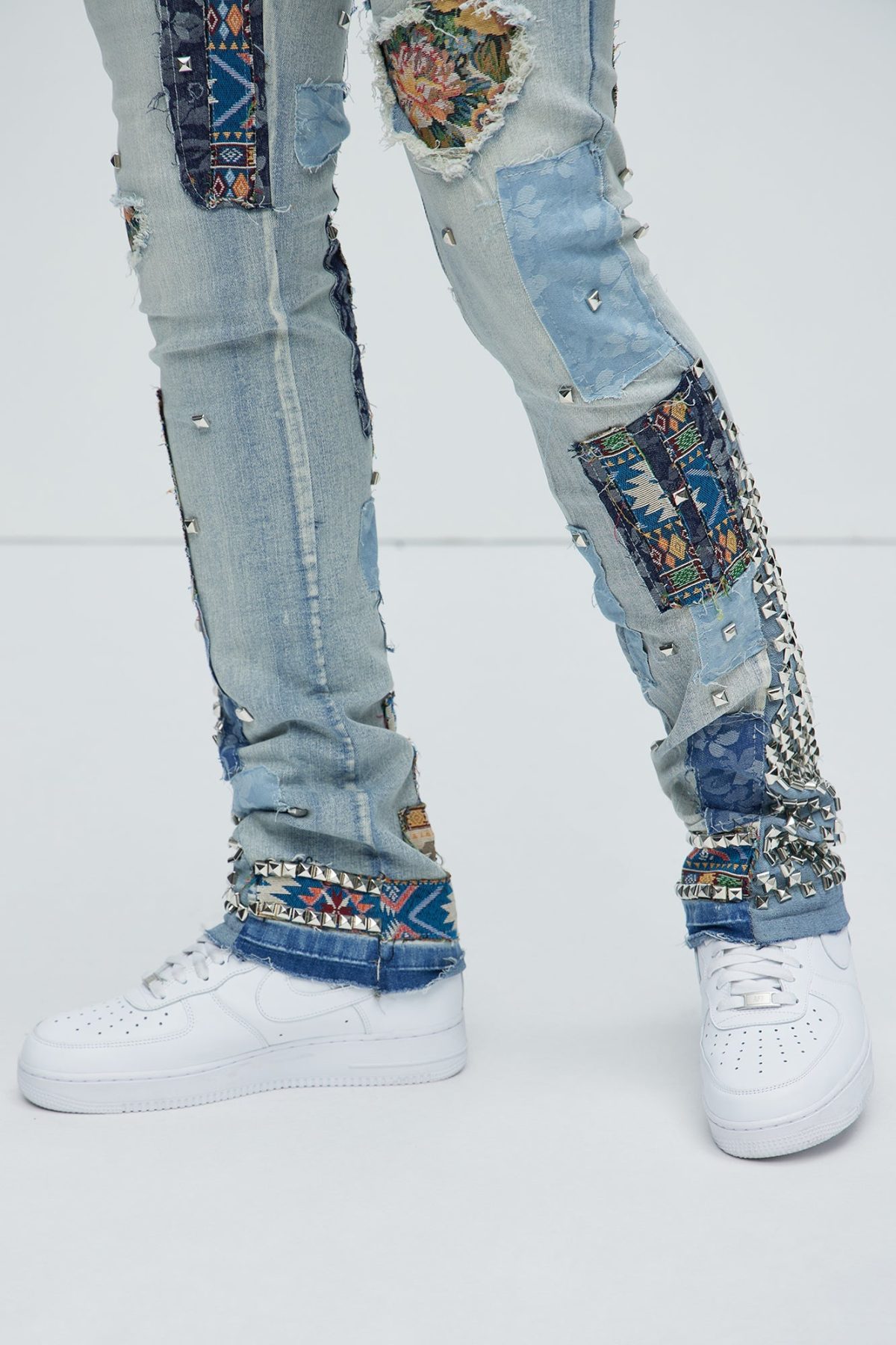 Studded And Patched Stacked Skinny Flare Jeans - Medium Wash