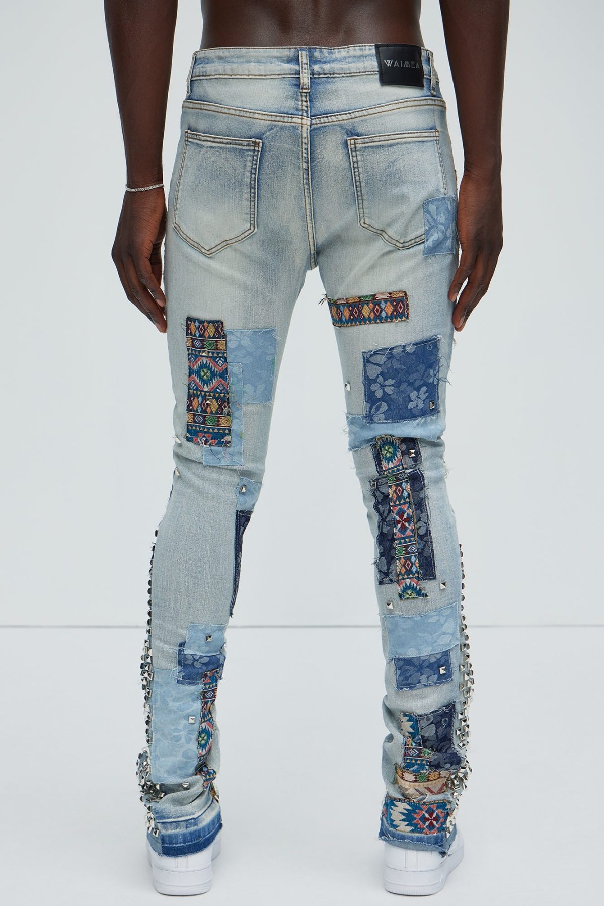 Studded And Patched Stacked Skinny Flare Jeans - Medium Wash