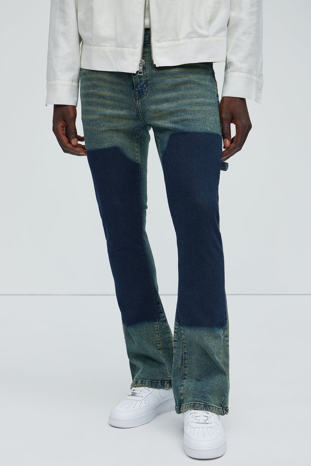 Two Tone Double Knee Carpenter Flare Jeans - Medium Wash