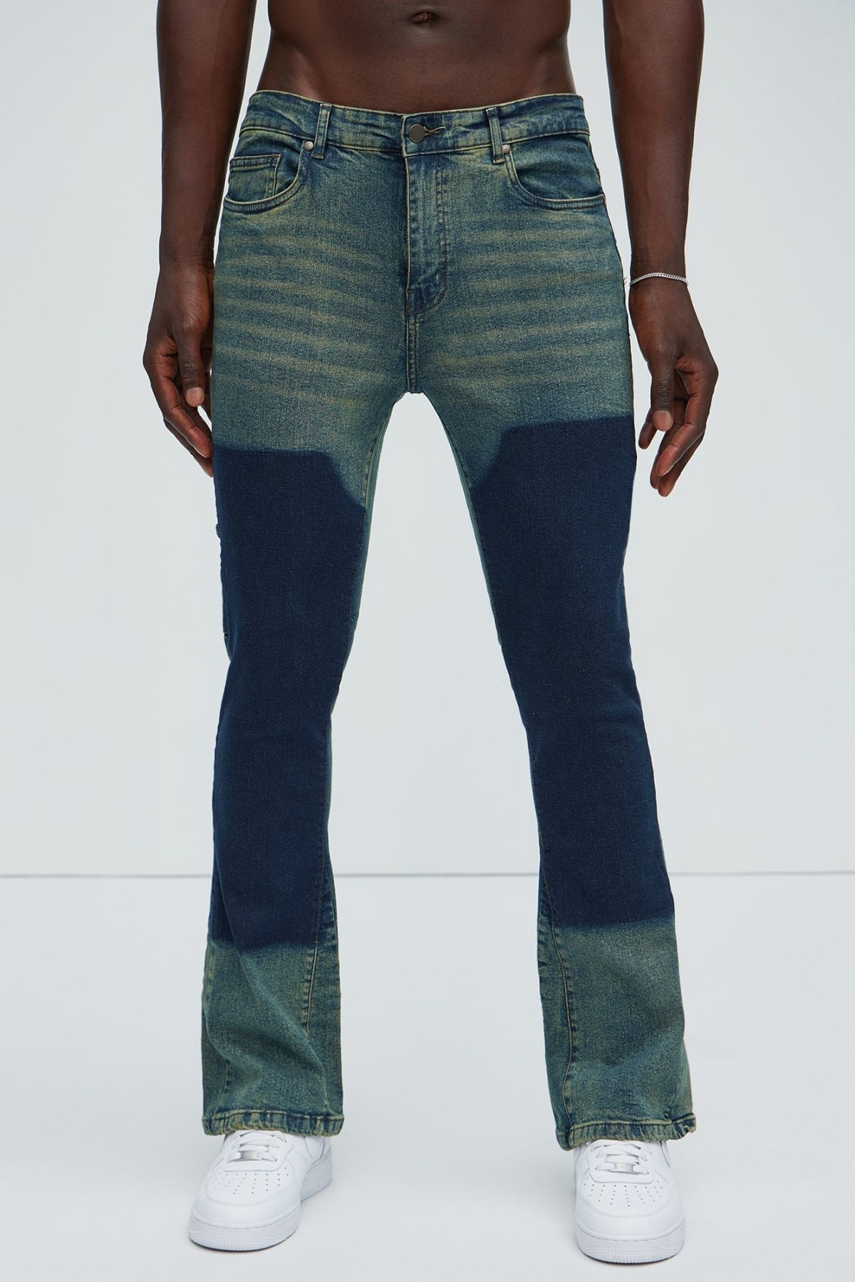 Two Tone Double Knee Carpenter Flare Jeans - Medium Wash