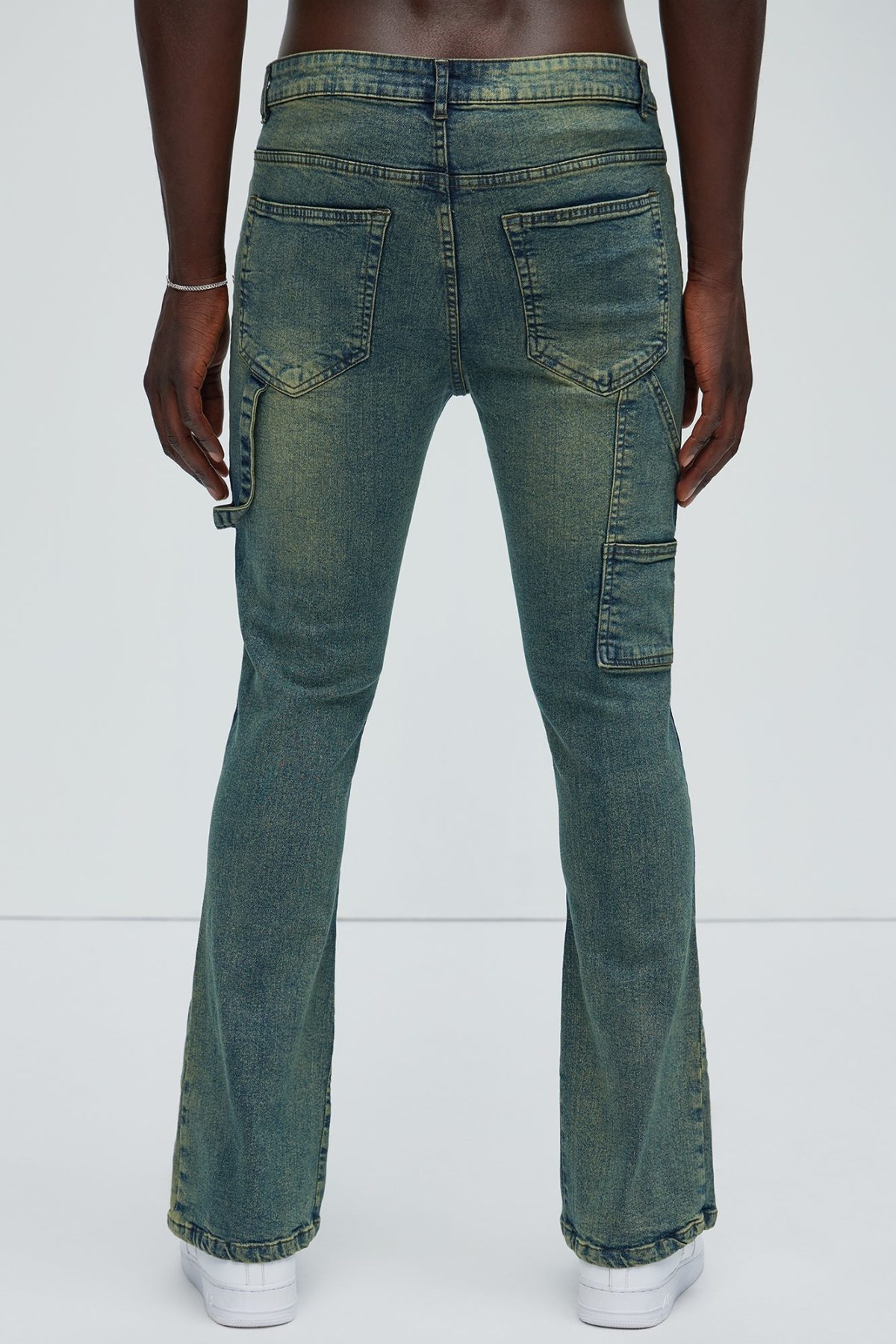 Two Tone Double Knee Carpenter Flare Jeans - Medium Wash