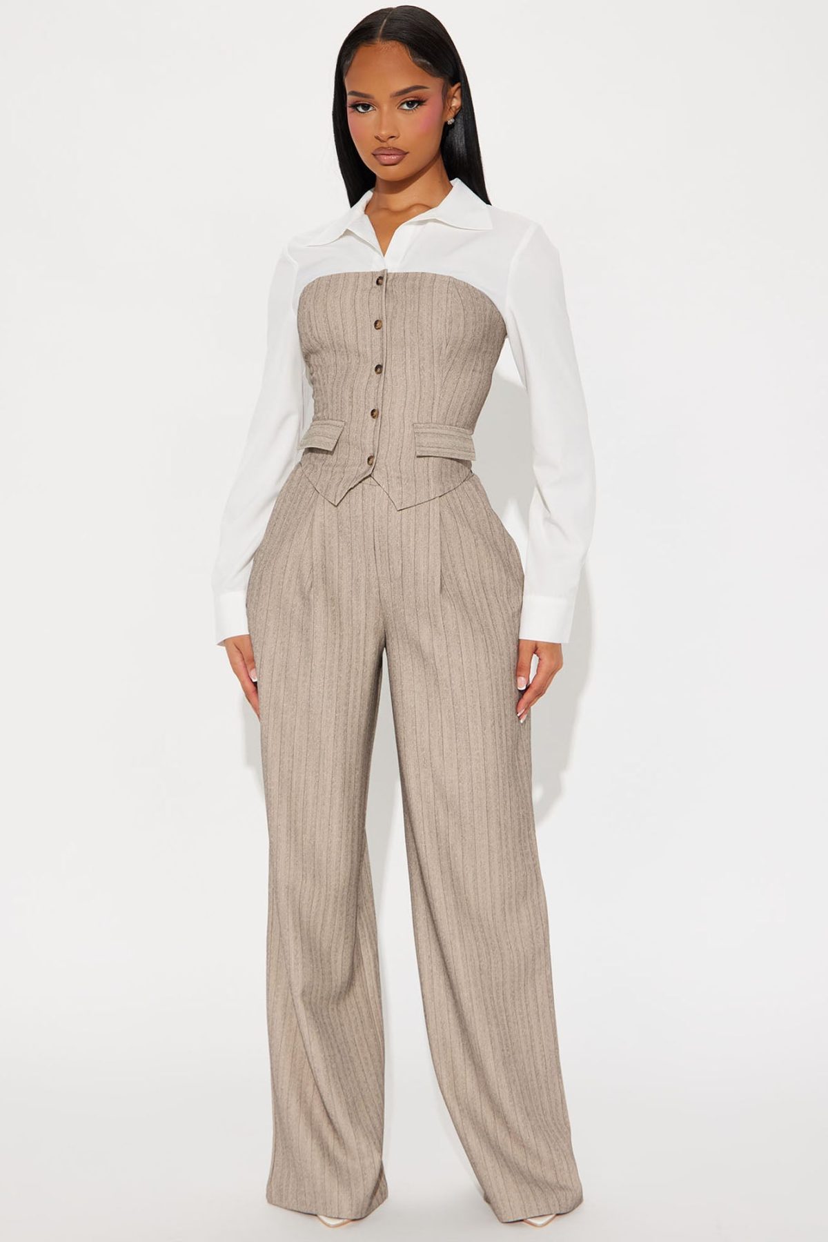 In Attendance Pinstripe Wide Leg Pant Set - Taupe