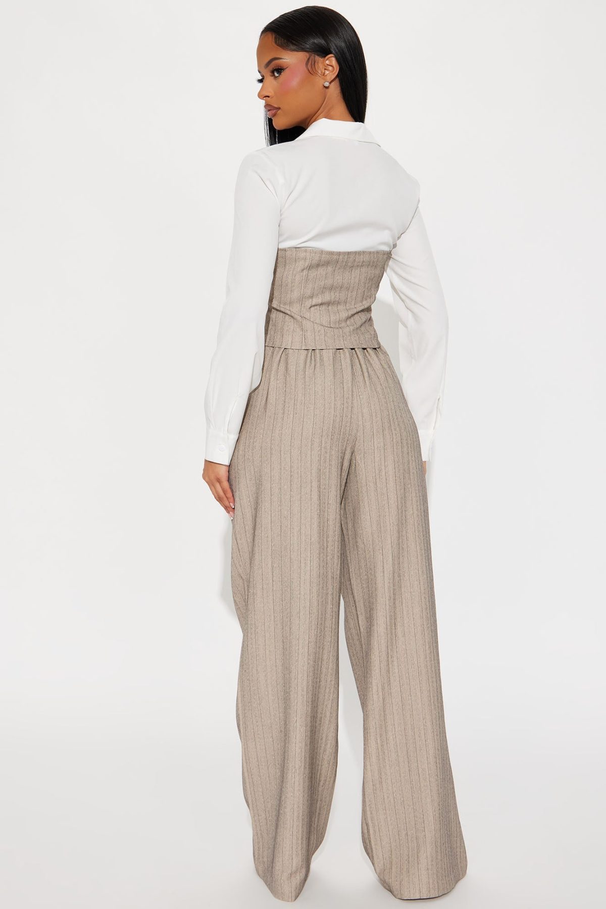 In Attendance Pinstripe Wide Leg Pant Set - Taupe