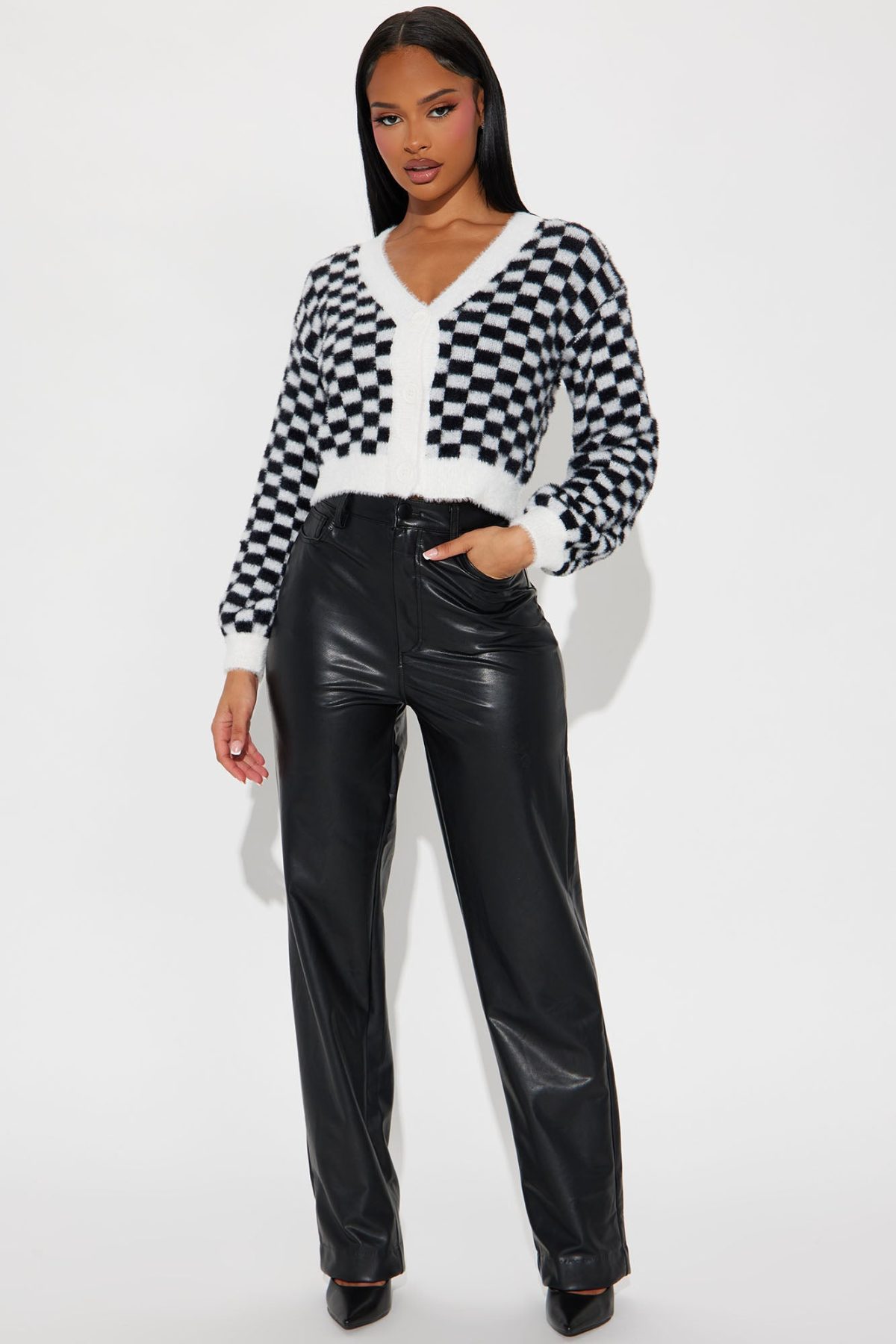 Nonsense Checkered Cropped Cardigan - Black/White