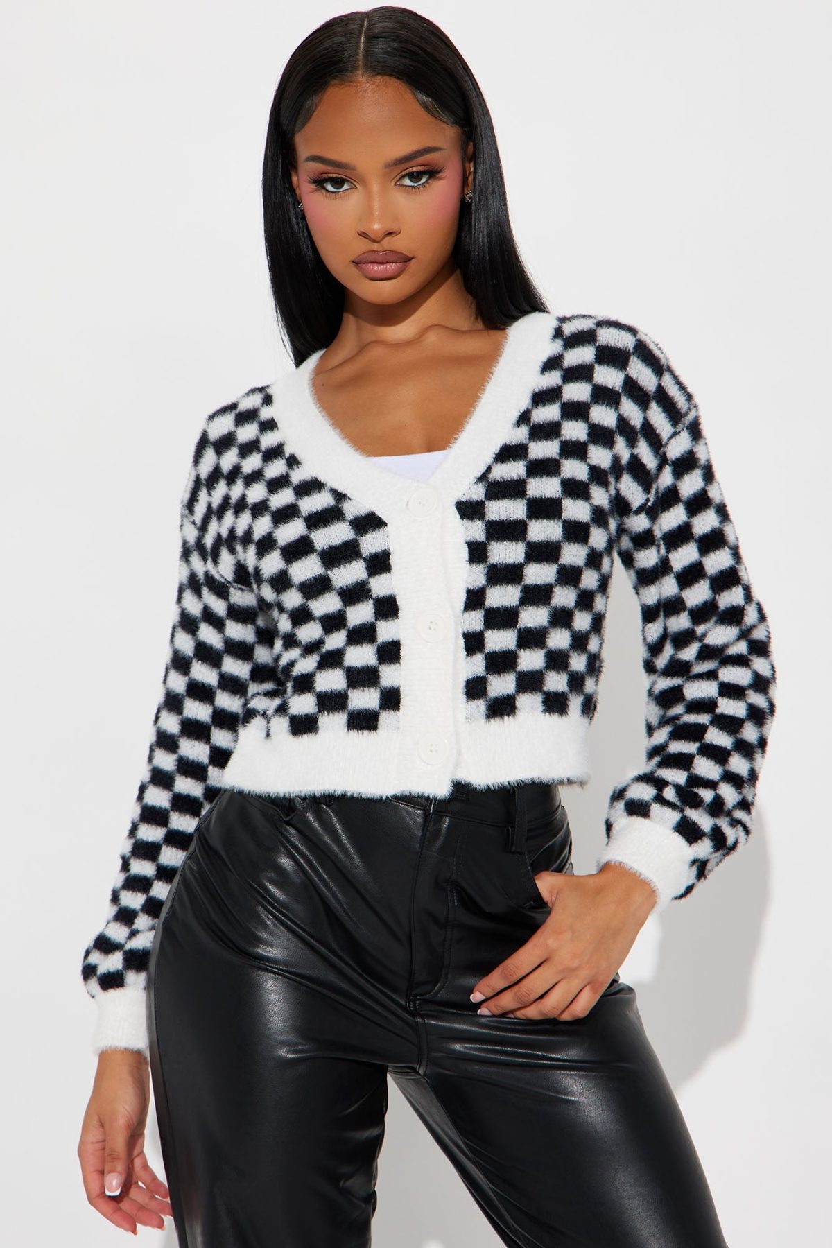 Nonsense Checkered Cropped Cardigan - Black/White