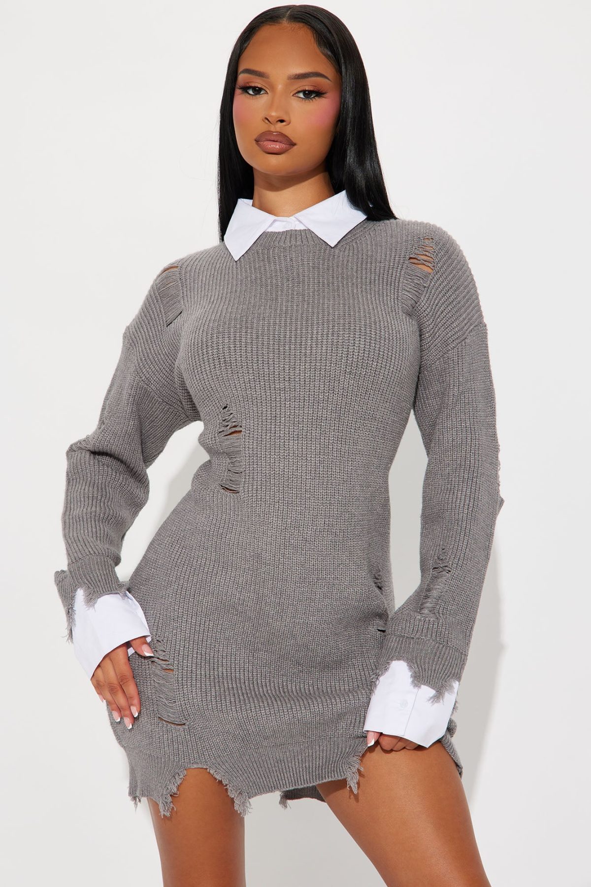 Kendra Collared Sweater Mini Dress - Grey