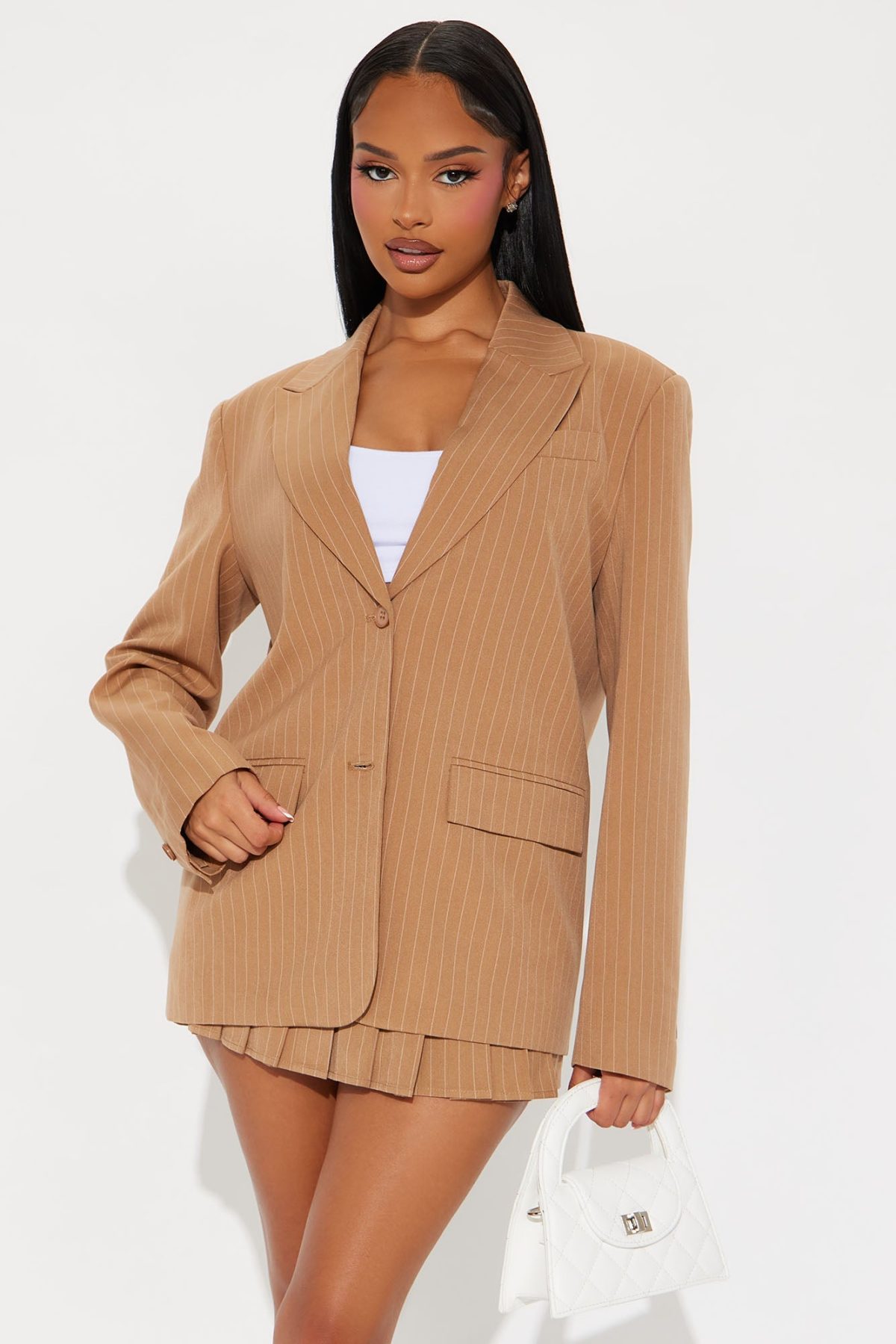 Successful Attitutde Pinstripe Mini Skirt Set - Taupe