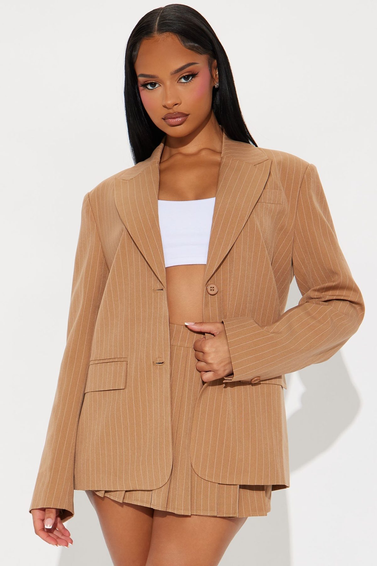 Successful Attitutde Pinstripe Mini Skirt Set - Taupe