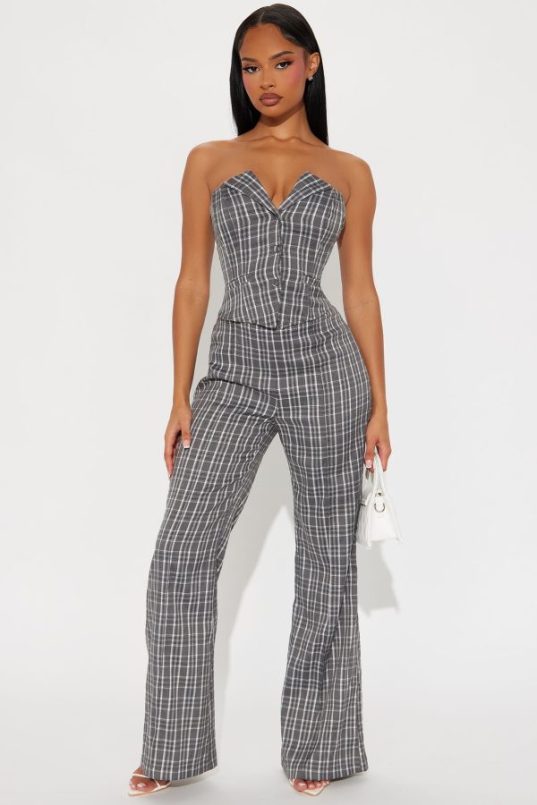 On Time Plaid Flare Pant Set - Grey