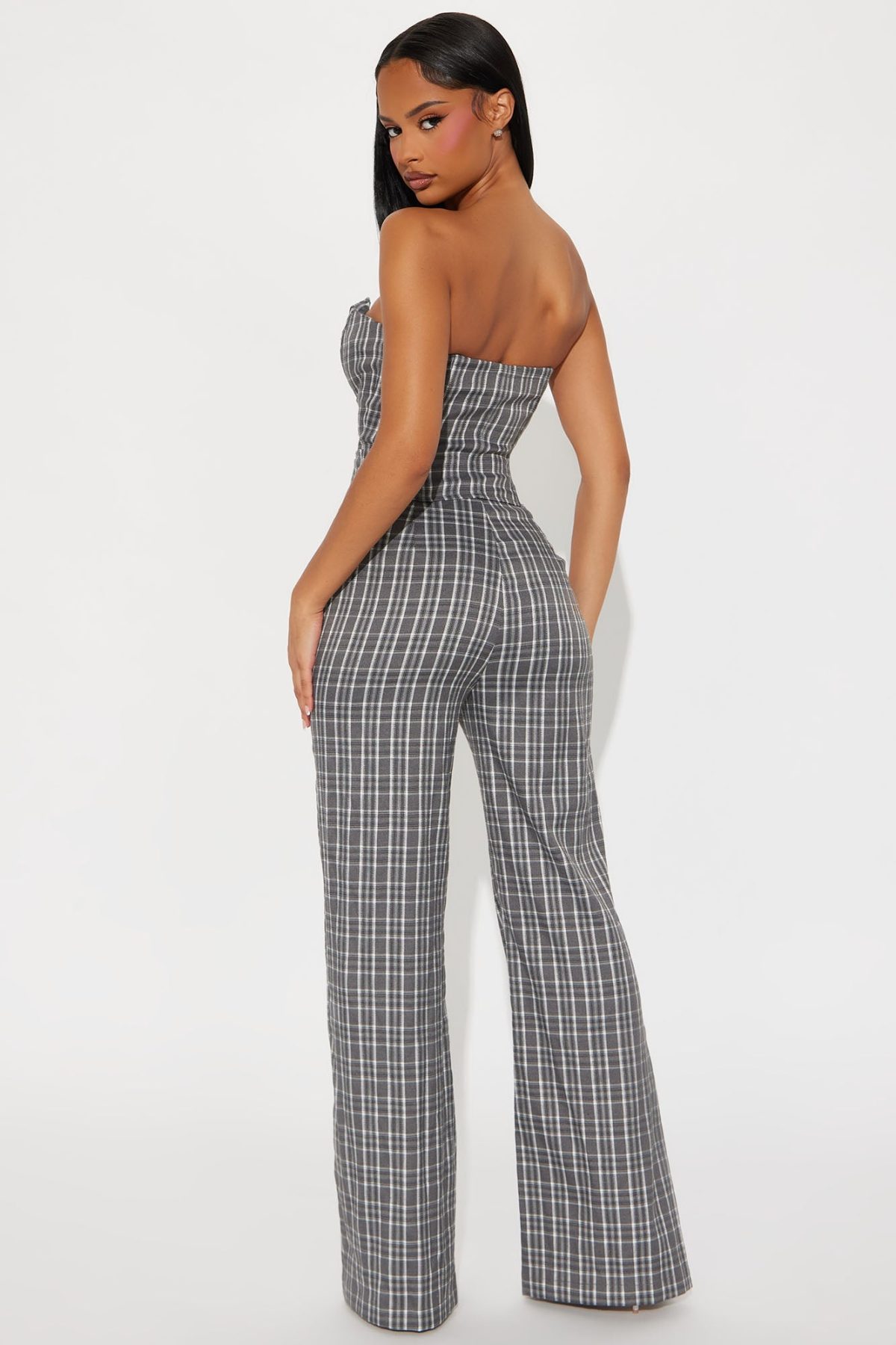 On Time Plaid Flare Pant Set - Grey