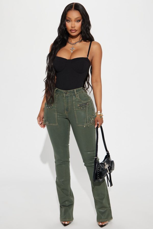 Getting Through To You Coated Stretch Bootcut Jeans - Olive