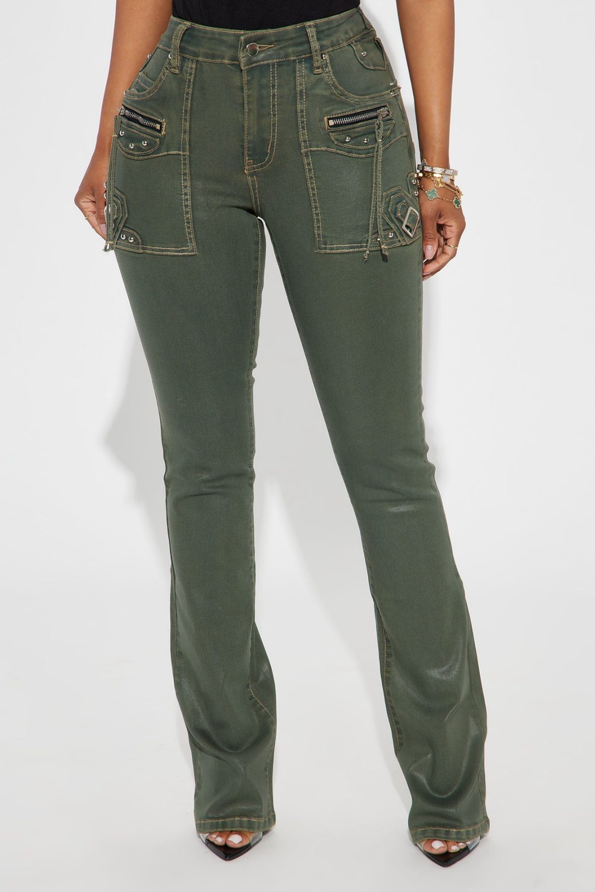 Getting Through To You Coated Stretch Bootcut Jeans - Olive