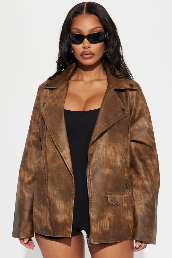 Hot Fix Faux Leather Moto Jacket - Brown