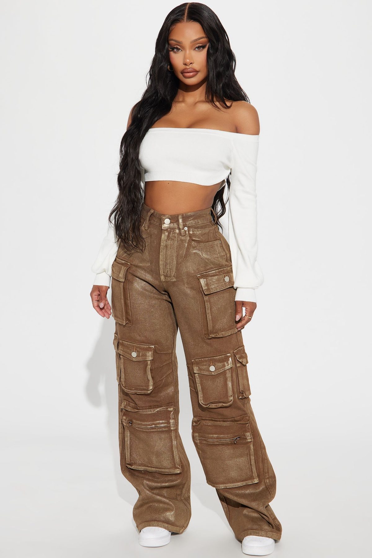 Time To Shine Foil Baggy Cargo Jeans - Gold/Brown