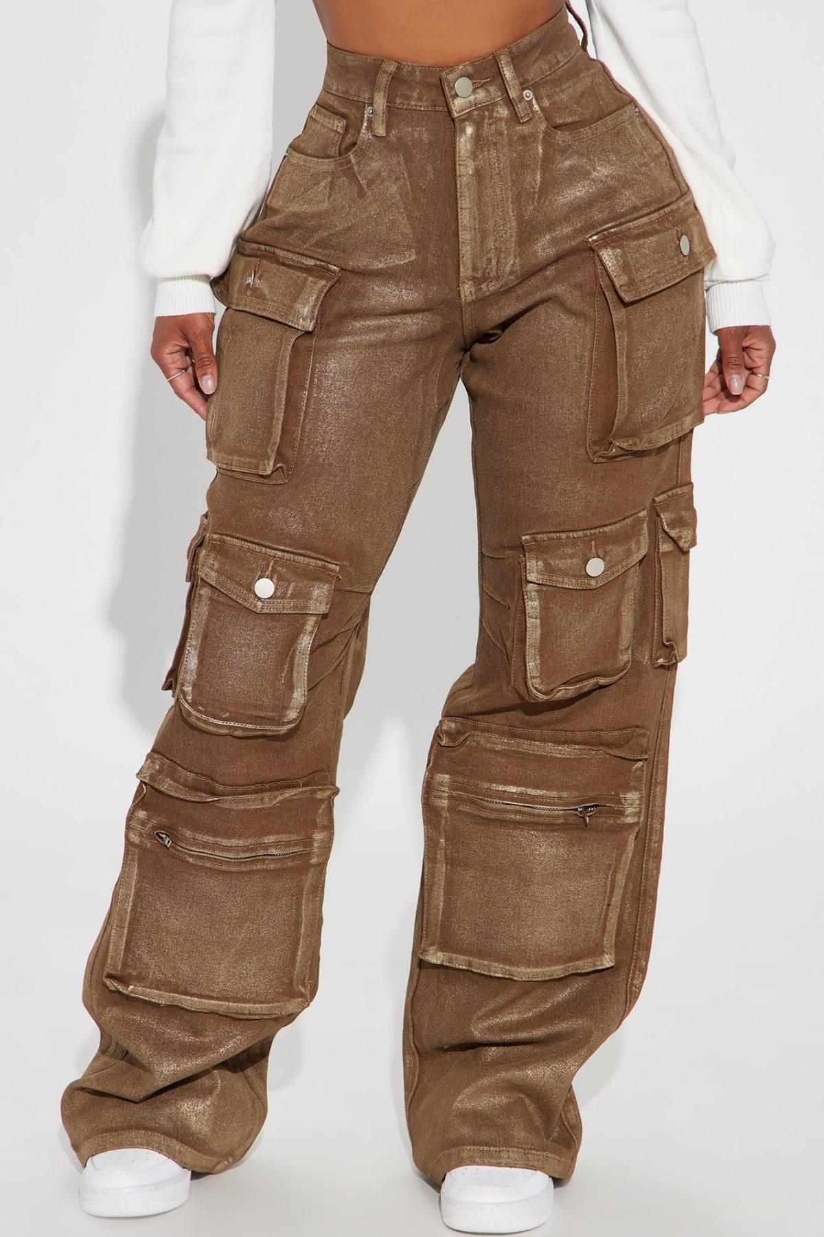 Time To Shine Foil Baggy Cargo Jeans - Gold/Brown