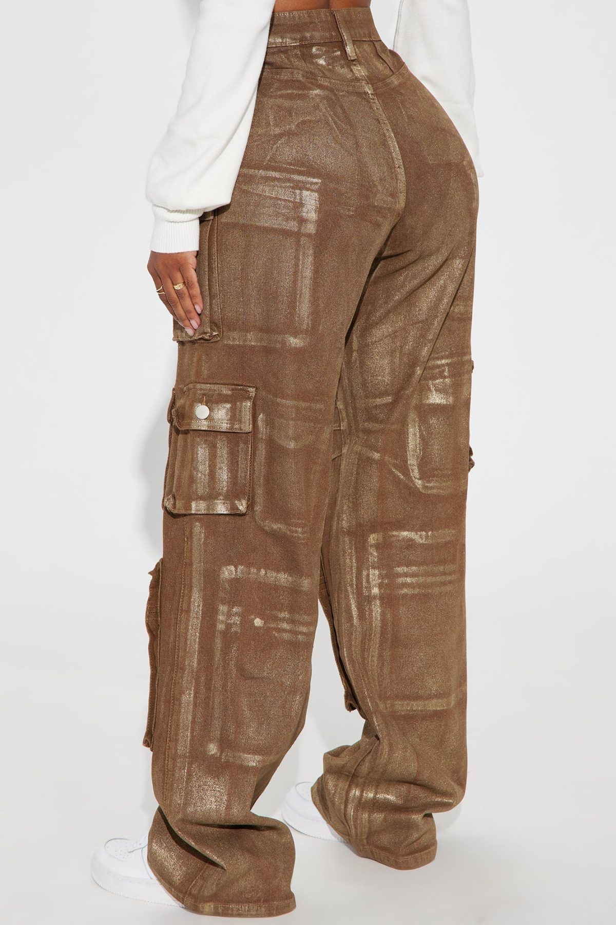 Time To Shine Foil Baggy Cargo Jeans - Gold/Brown