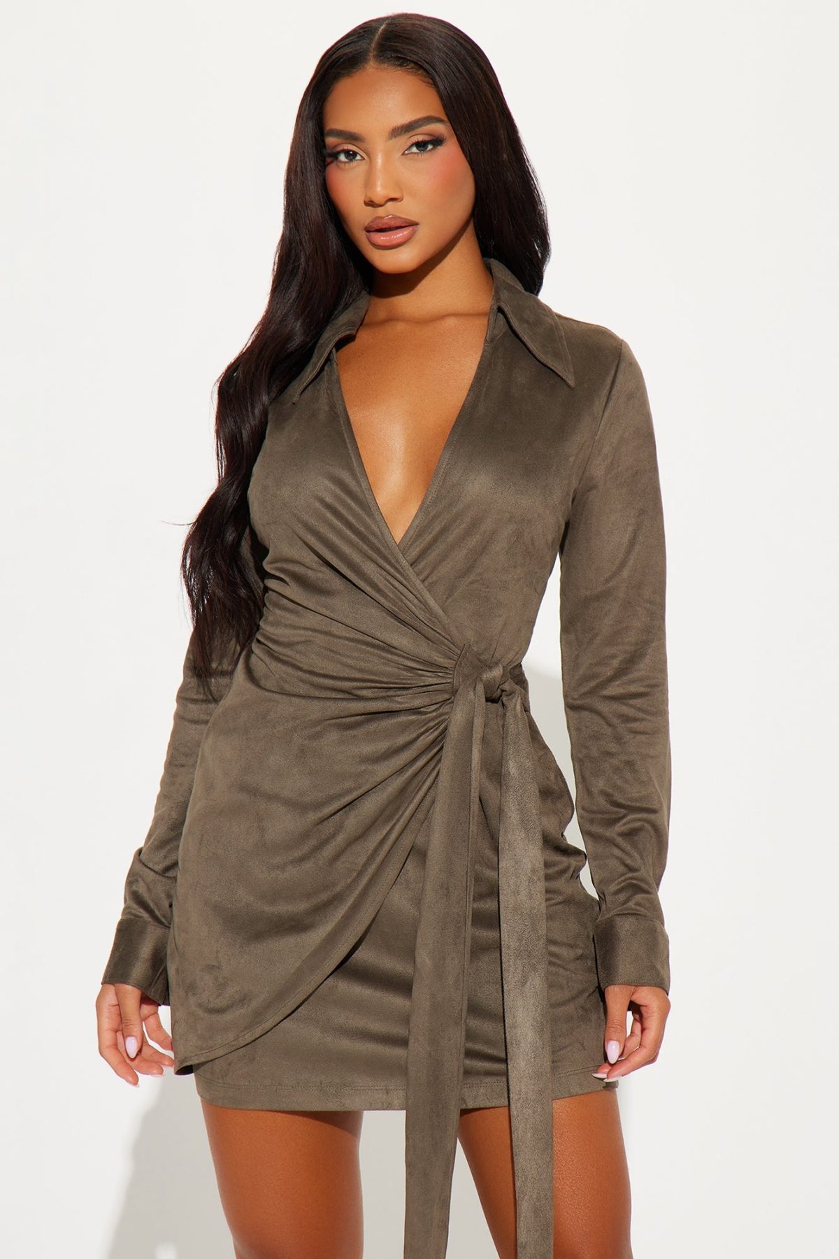 Elli Faux Suede Mini Dress - Olive