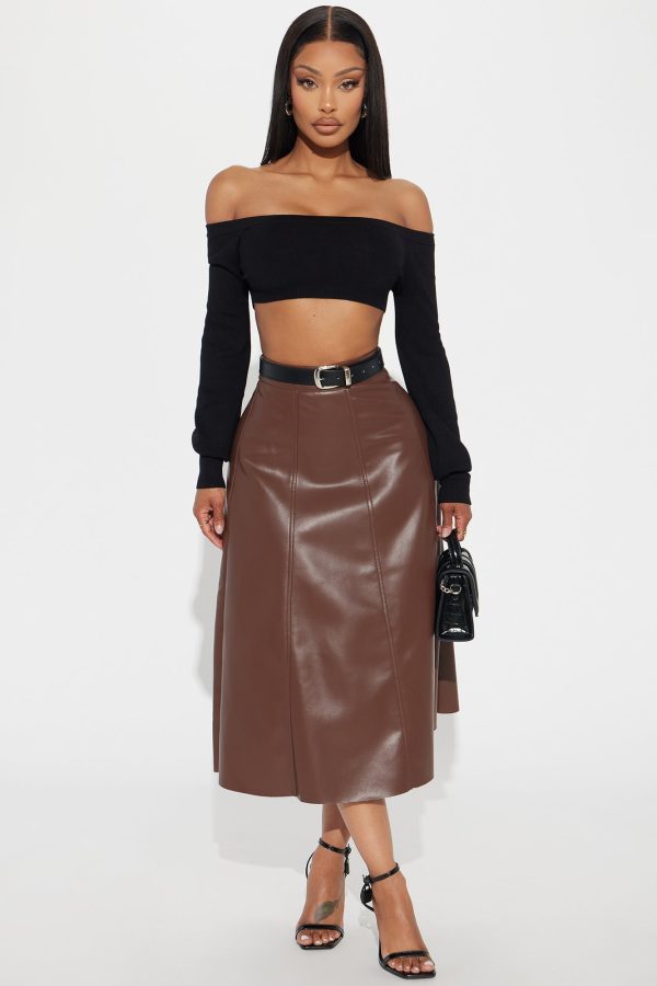 Don't Forget Faux Leather Midi Skirt - Brown