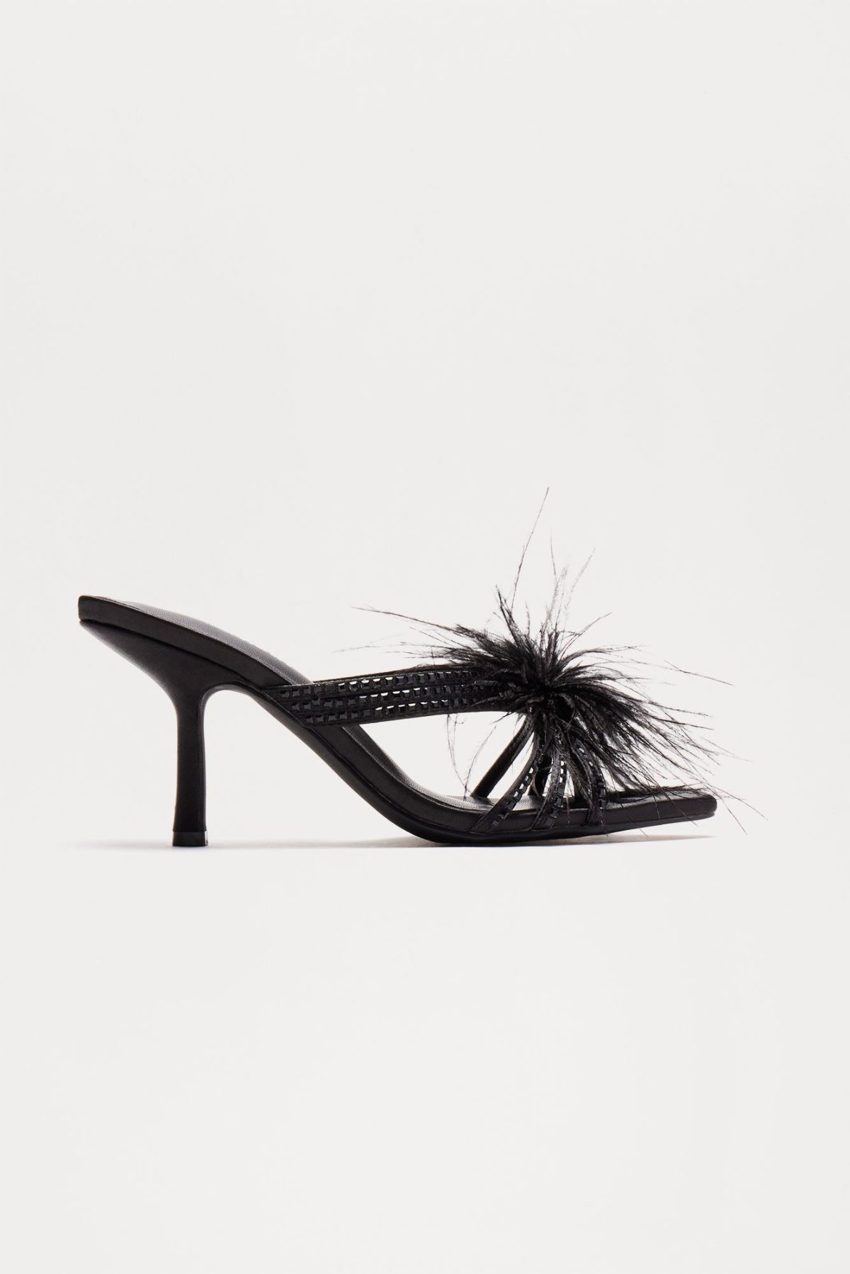 Party Mode Feather Rhinestone Mules - Black