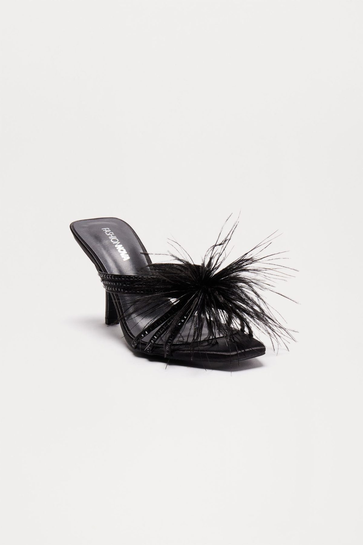 Party Mode Feather Rhinestone Mules - Black