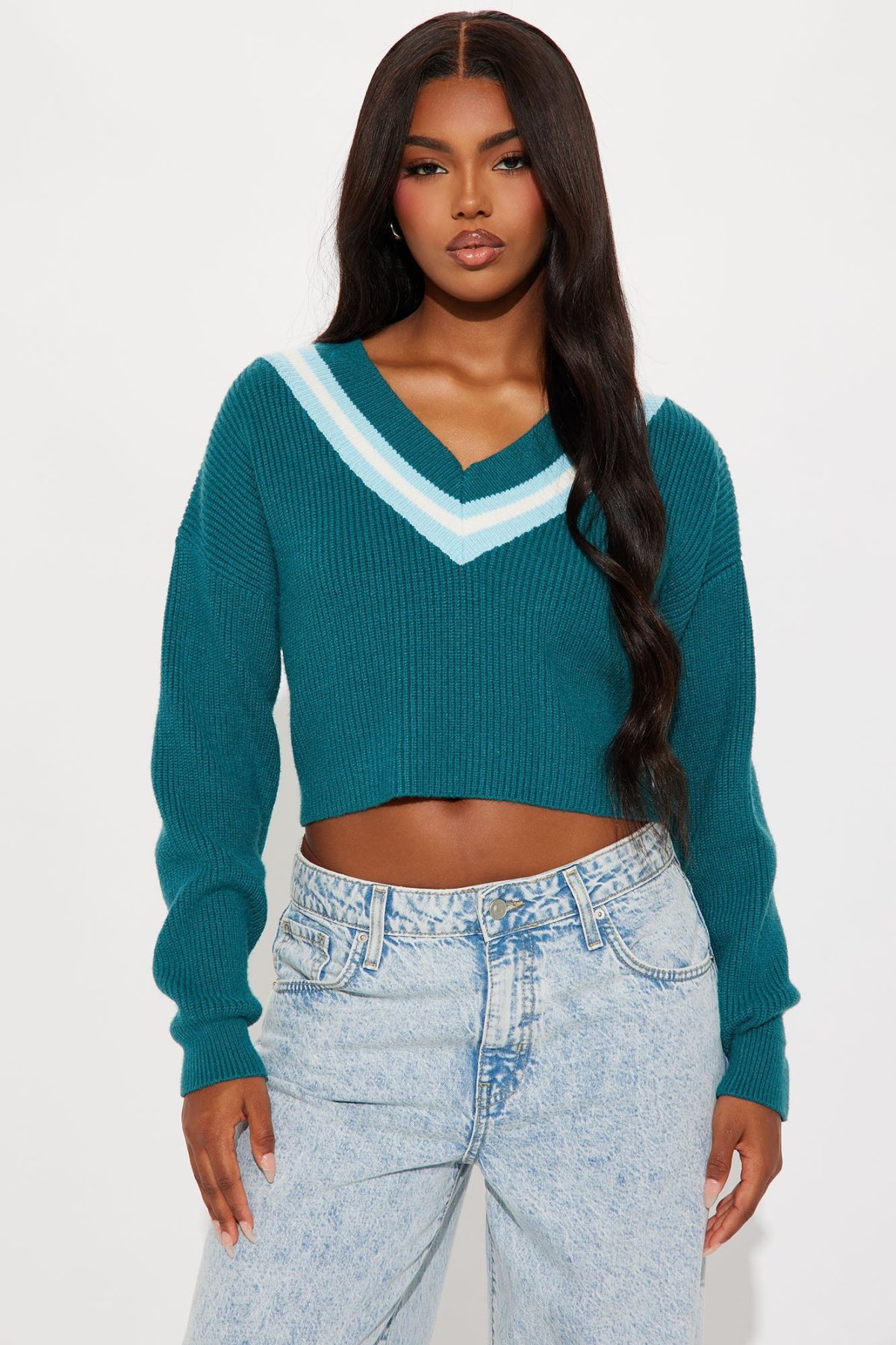 Made Varsity Cropped Sweater - Teal/combo