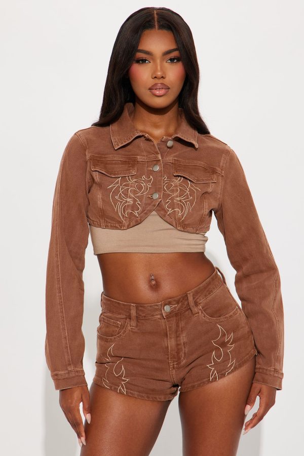 Out West Embroidered Stretch Denim Bolero Jacket - Brown