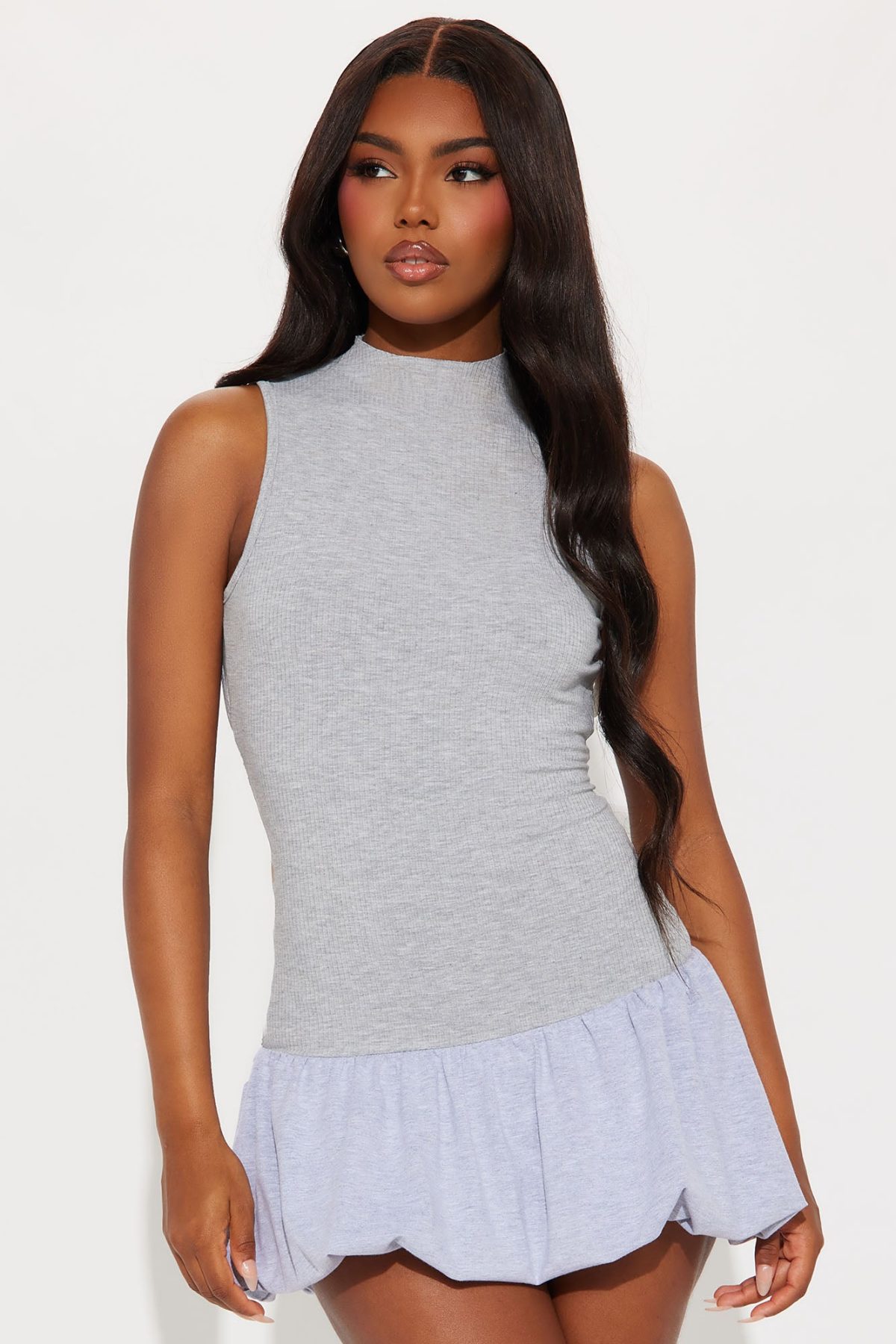 Myana Ribbed Bubble Mini Dress - Grey