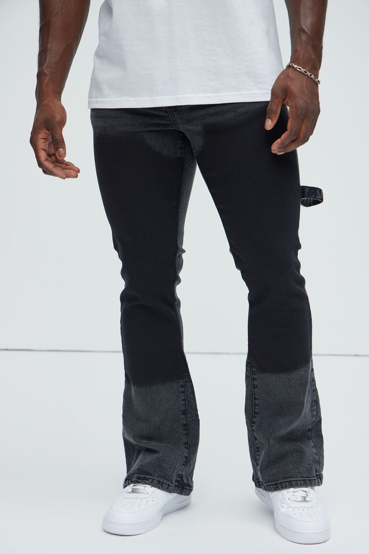 Two Tone Double Knee Carpenter Flare Jeans - Black Wash