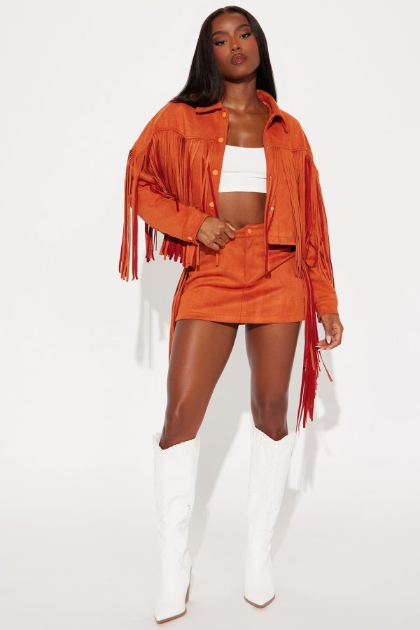 Starla Fringe Faux Suede Skirt Set - Rust