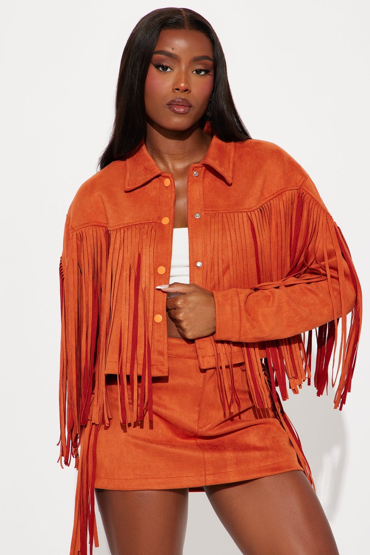 Starla Fringe Faux Suede Skirt Set - Rust