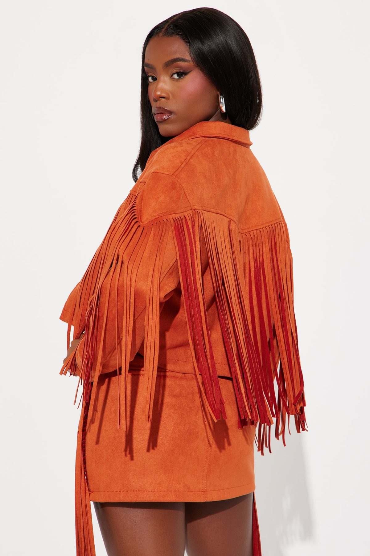 Starla Fringe Faux Suede Skirt Set - Rust