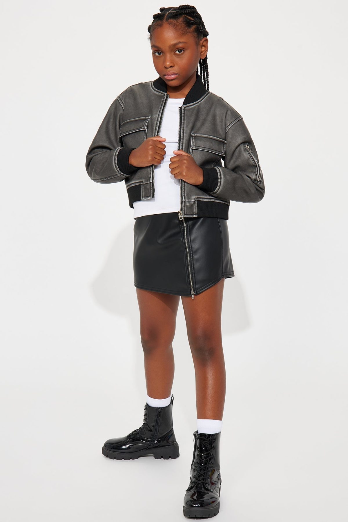 Mini Still Fly Washed Faux Leather Bomber Jacket - Charcoal