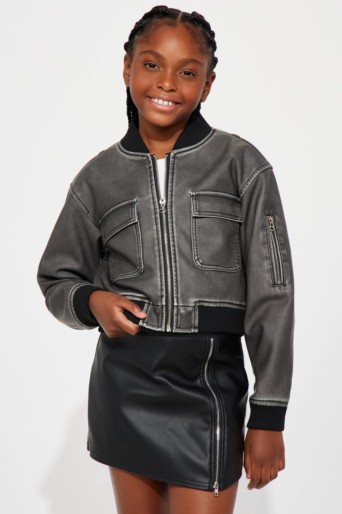 Mini Still Fly Washed Faux Leather Bomber Jacket - Charcoal